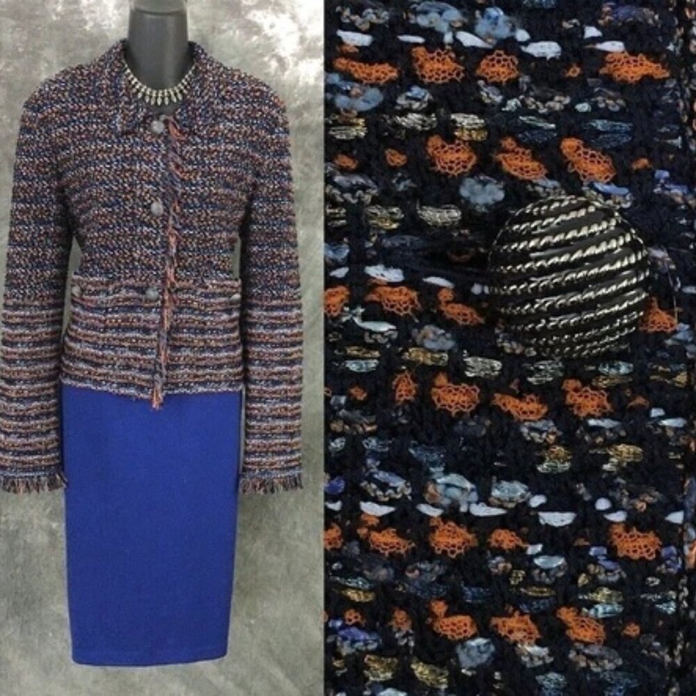 BEAUTIFUL St John knit blue multi jacket skirt suit size 12